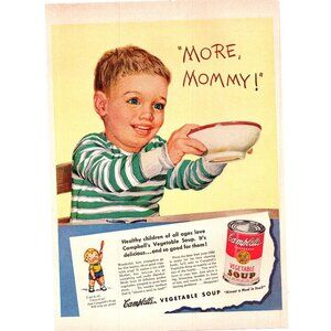 1950 Campbell's Vegetable Soup Vintage Print Ad Little Boy More Mommy Wall Art